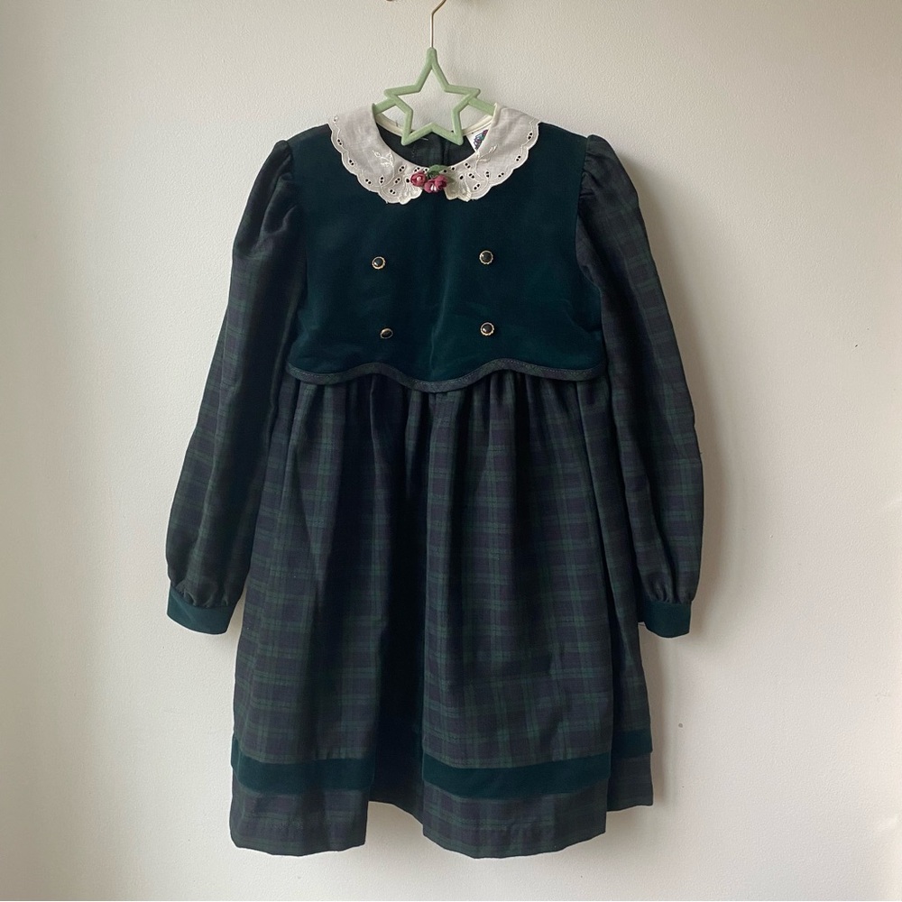 Vintage • Double Breasted Tartan Dress with Lace Collar Sz 6-7